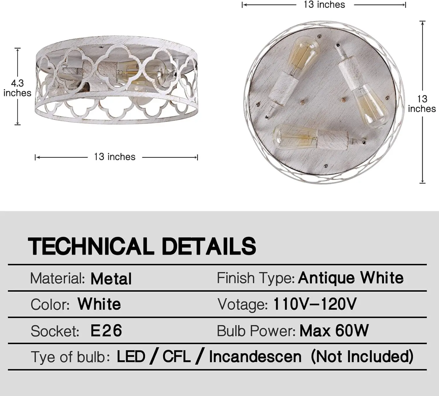 Bargeni Flush Mount Plafondlamp, 13-Inch Plafond Armatuur, 3-Light Keuken Verlichtingsarmaturen, Rustiek Antiek Wit