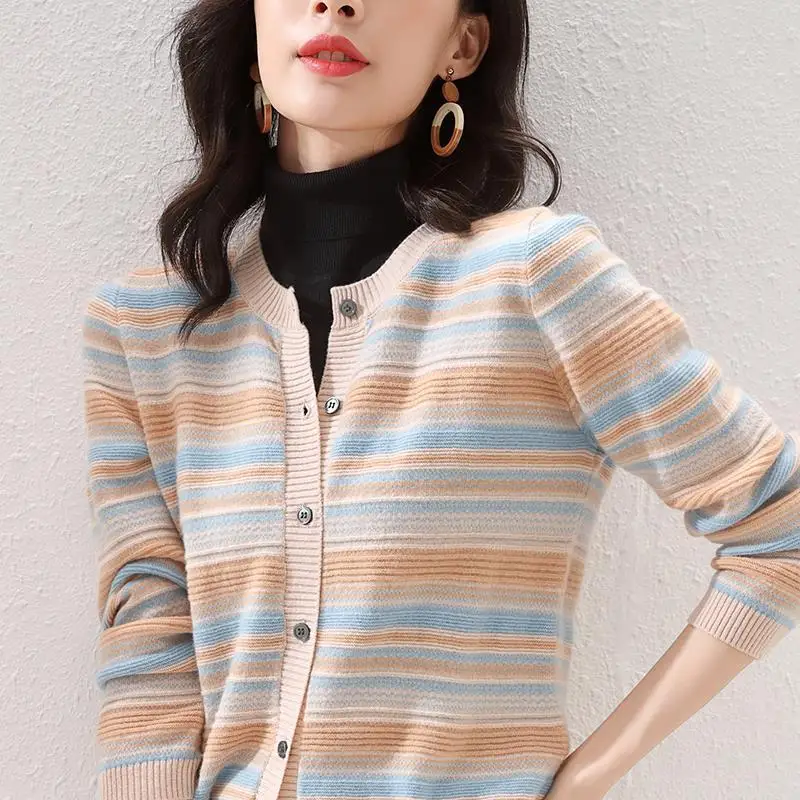 Autumn and Winter Women\'s Round Neck Patchwork Button Striped Sweater Cardigan Fashion Casual Elegant Commuter Long Sleeve Tops