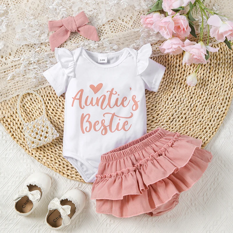 

SUNSIOM 3Pcs Baby Girls Summer Clothes Sets Short Sleeve Letter Print Ruffle Romper Tiered Ruffle PP Shorts Bow Headband Sets