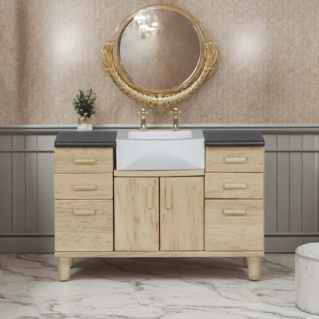 

1:12 Dollhouse Miniature Bathroom Vanity - Wooden Sink Cabinet Set, Micro Bathroom Scene Decor, Dollhouse Washbasin Decor