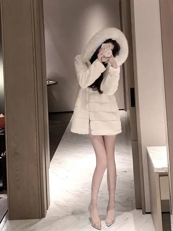 صديقة للبيئة سوبر كبيرة منتصف طول فرو المنك طوق Thiened معطف لطيف الشباب معطف الفرو Princ Sle k زر