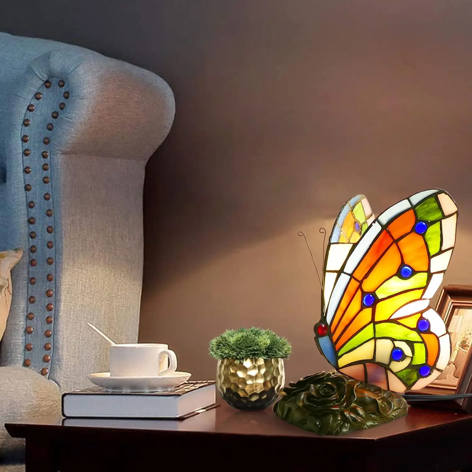 Tiffany Style Orange Butterfly LED Bedside Table Lamp Colorful Small Night Light Reading Lamp Stained Glass Lamp