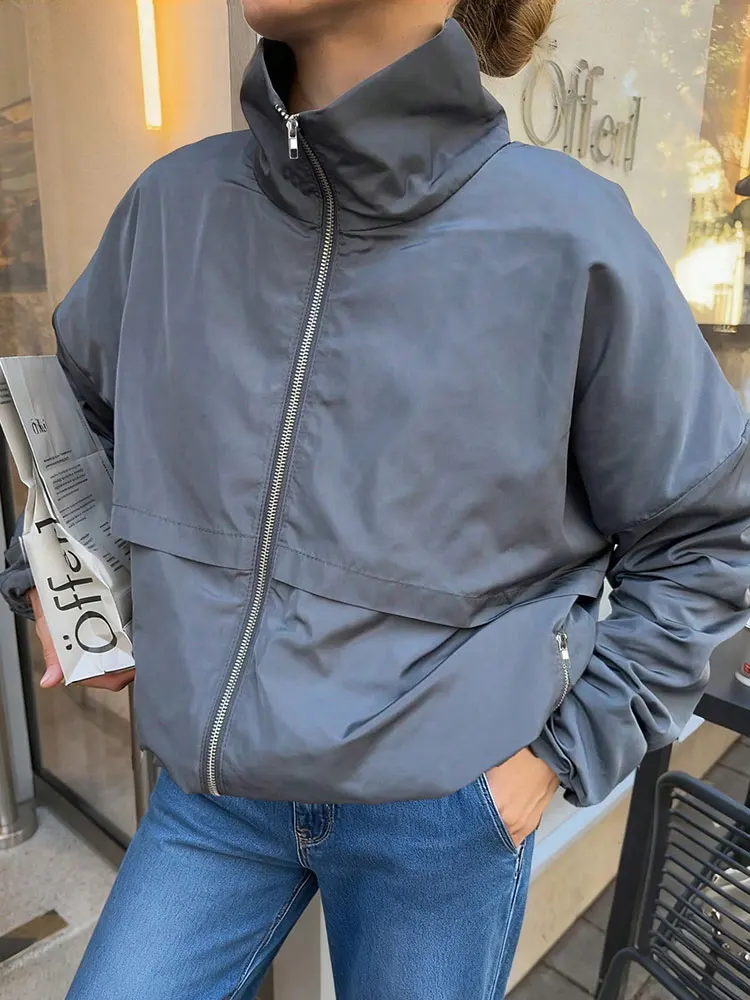 

Korean Popular High-Neck Zip-Up Woman Trench Coat Solid Casual Long-Sleeve Jacket Daily Comfortable Female Clothing Outerwear