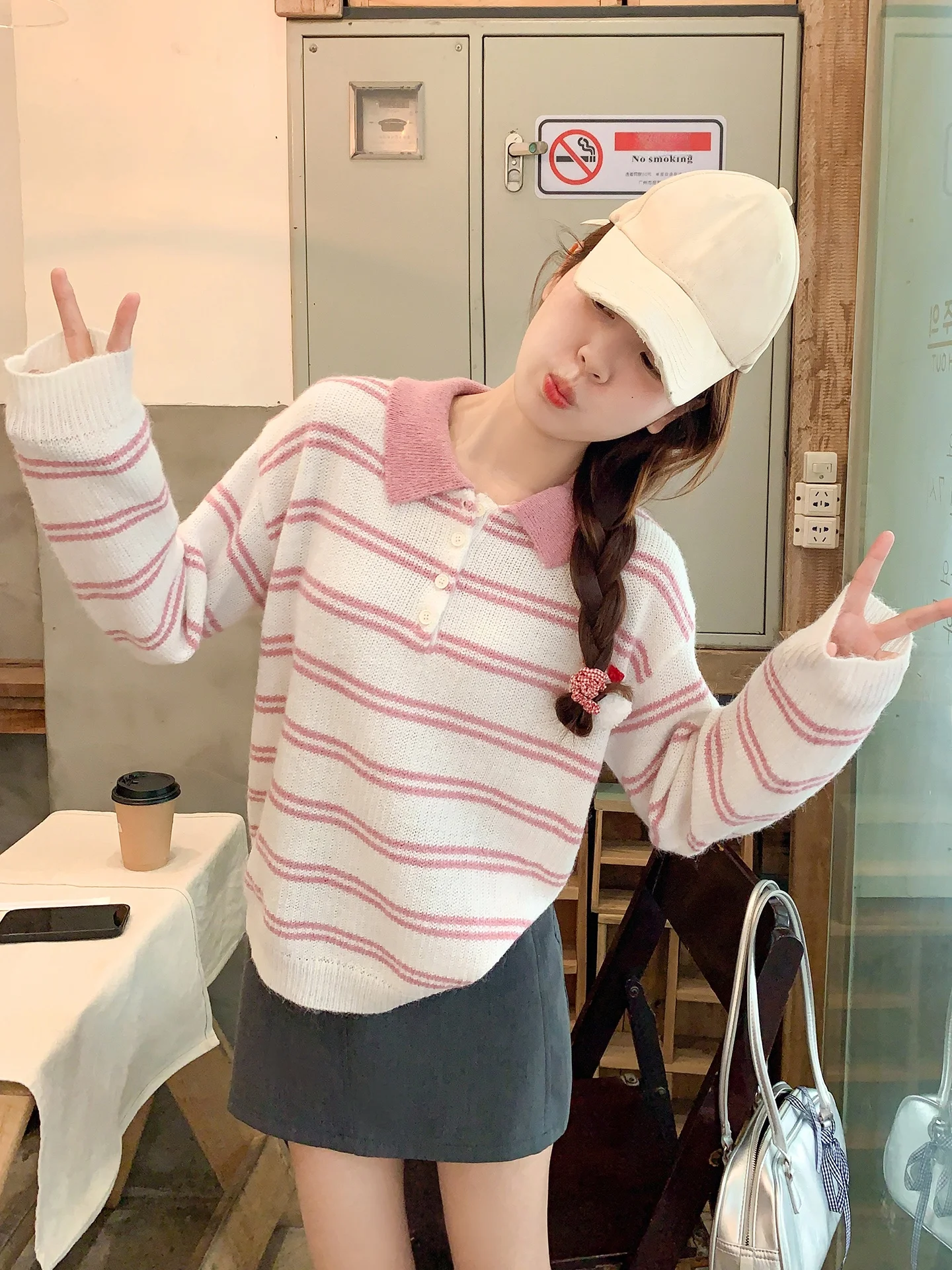 

Свободный женский вязаный свитер с розовыми полосками, осенне-зимний, новый, комфортный, средней плотности, с длинными рукавами, топ