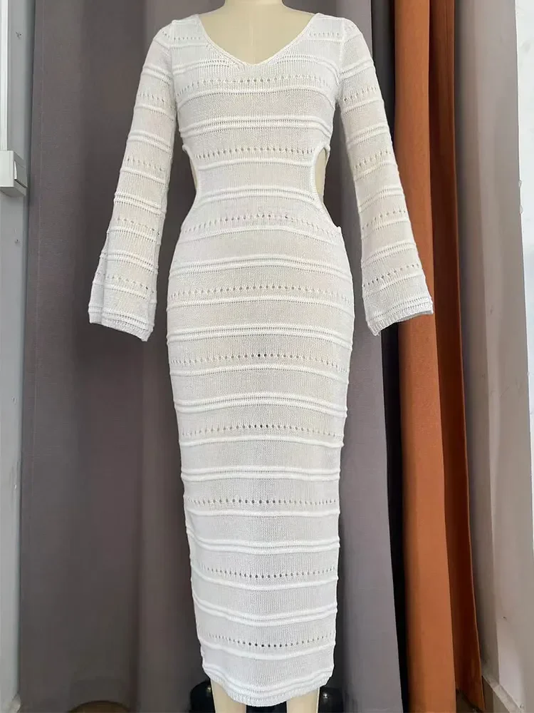 White V-neck Cut Out Bell Sleeve Tunic Crochet Slim Dresses Beachwear Swimsuit Cover Up Summer Party Sexy Beach Maxi Dress A2382