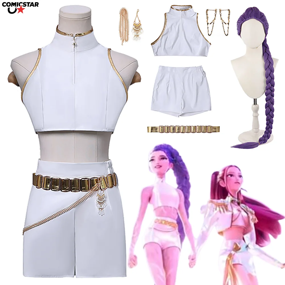 

Kpop Demon Hunter Huntrix Girl Group Rumi Cosplay Wig Costumes Set with Crop Top Shorts Belt Accessories High-Quality Halloween