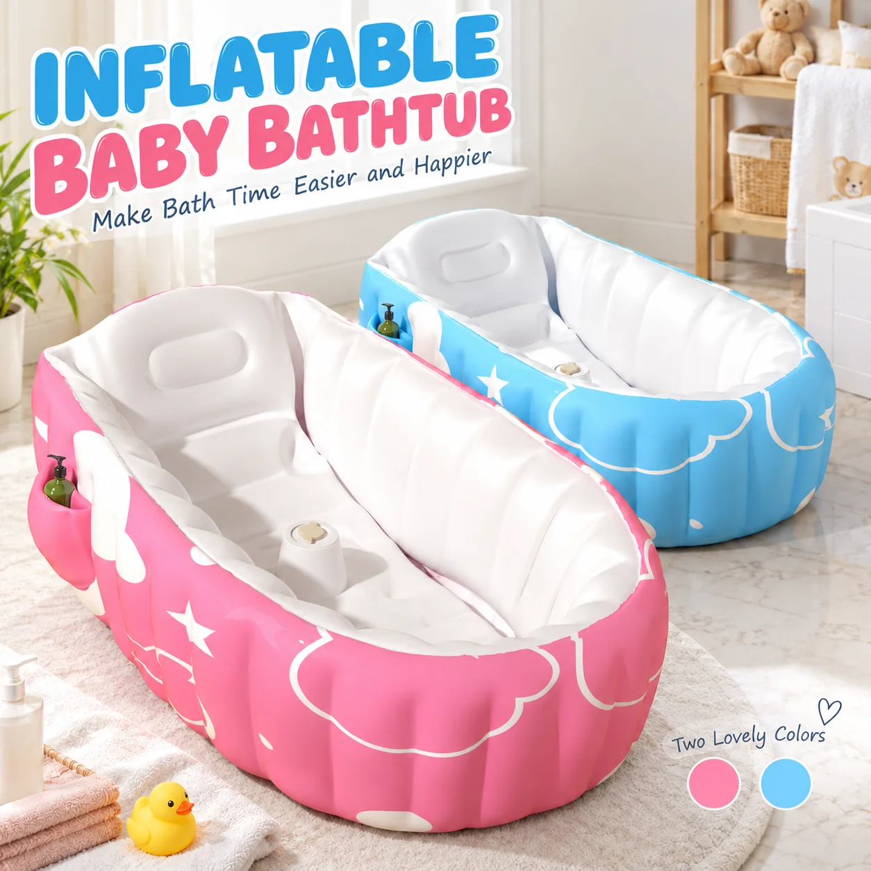 1PC Inflatable Baby Bathtub Portable Baby Bath Tub with Backrest Side Pocket for Infant Toddler Bathing Indoor Travel
