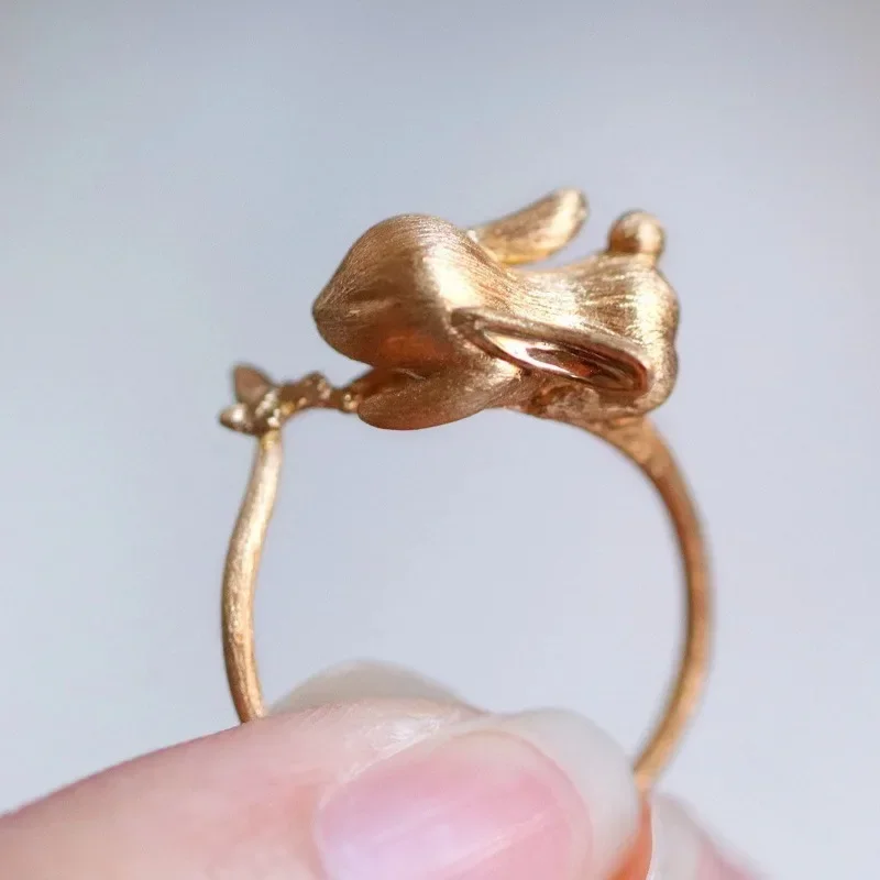 Nuevo en lindos conjuntos de joyería de conejo, exquisitos y divertidos pendientes artesanales de oro antiguo mate para mujer, anillo, collar, regalos para novia