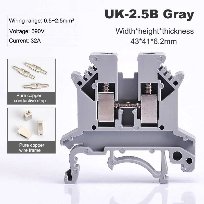 

10Pcs Din Rail Universal Terminal Block UK-2.5B Screw Type Brass Wire Cable Electrical Connector 22-14AWG 0.5~2.5mm²32A