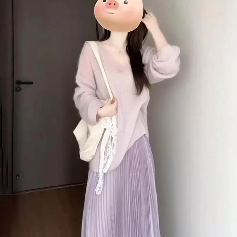 

Elegant Summer Knitted Two Piece Sets Women Ruffle V-neck Long Sleeve Sweater Top High Waist Pleated Skirt Vintage Suits