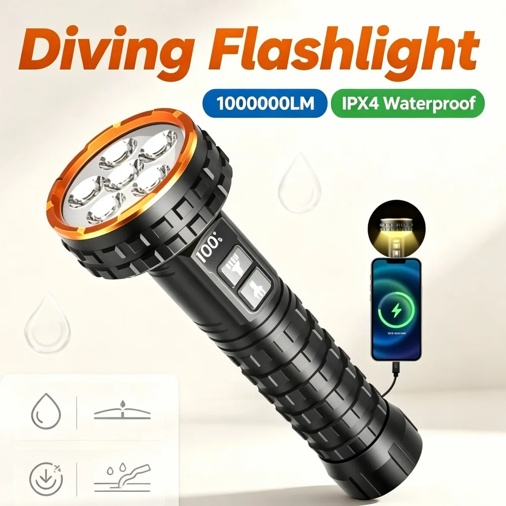 High Power Bright Diving Flashlight New Professional Rescue Emergency Long Lasting Torch for Underwater Diving Outdoor Survival