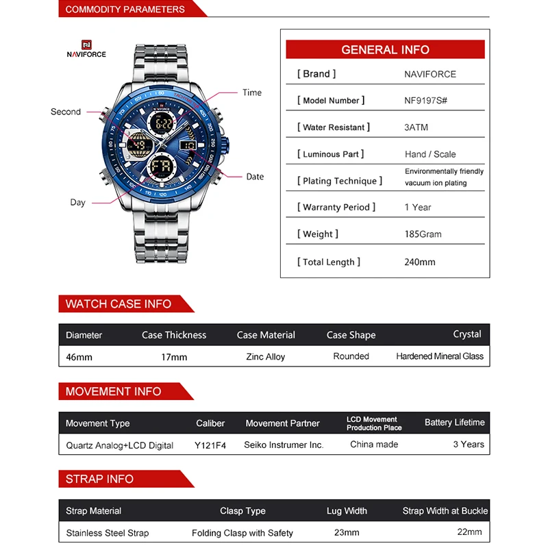 NAVIFORCE جديد رجال الأعمال الساعات التناظرية الرقمية الرياضة مقاوم للماء ساعة معصم مضيئة الكوارتز الذكور ساعة Relogio Masculino