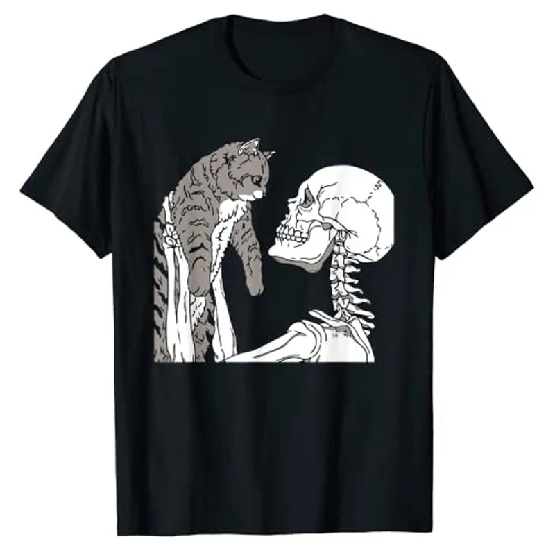 Skeleton Holding A Cat Shirt Lazy Halloween Costume Skull T-Shirt Gift Funny Gothic Style Short Sleeve Basic Graphic Tee Tops