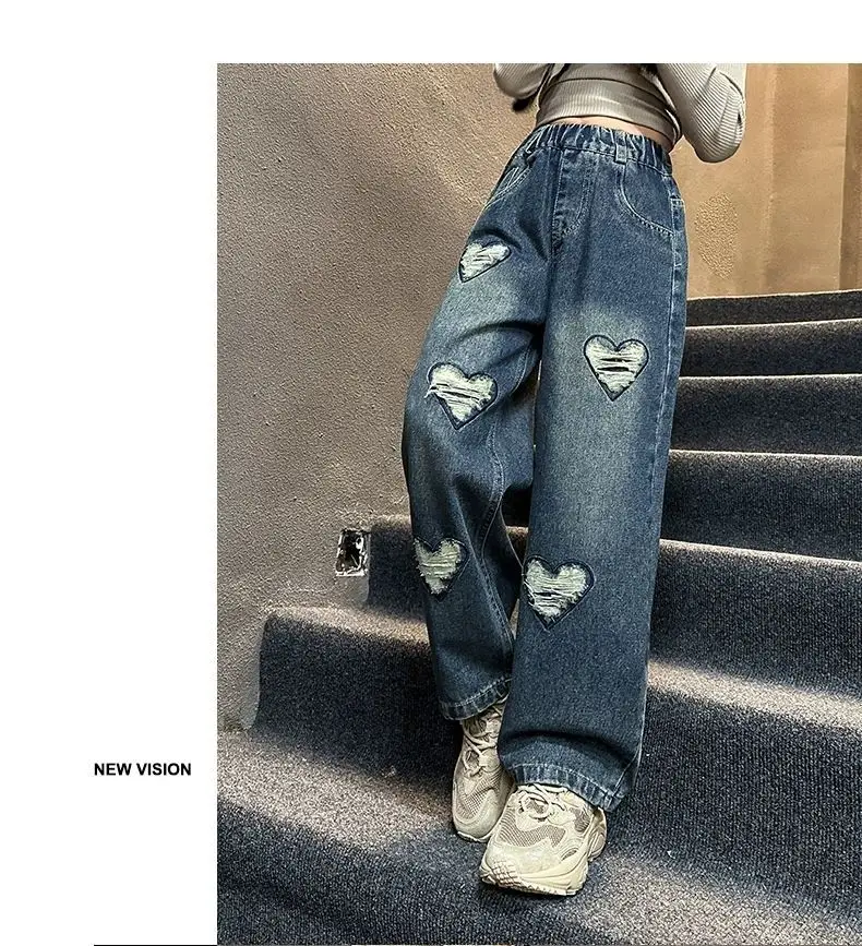 

Teenage Girls Jeans 2025 Spring Autumn Casual Fashion Loose Blue Kids Leg Wide Pants School Children Trousers 6 8 10 12 Year