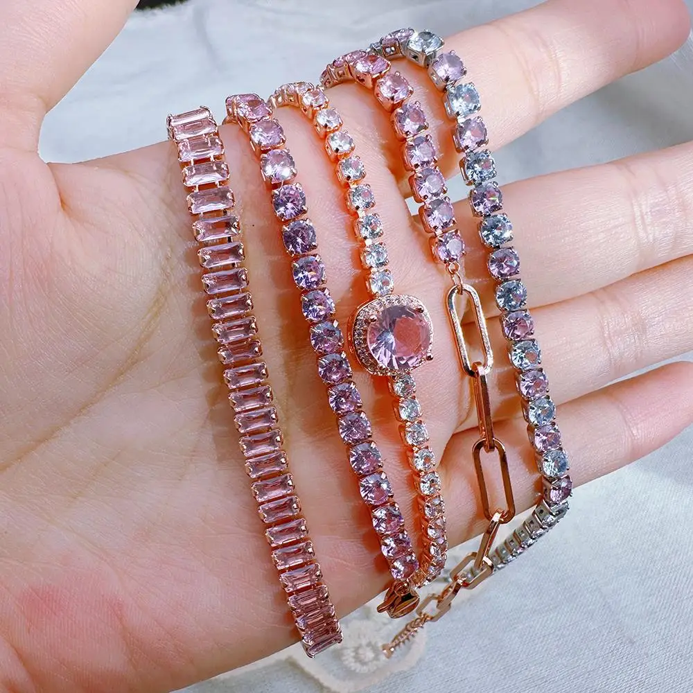 Rosa Handkette für Frauen Tennis-Armband Luxuriöses Glänzendes Kubisches Zirkonia Roségold-Farbiges Stern-Armband Y2k Rosa Armreif Weihnachtsgeschenk – Detail 1