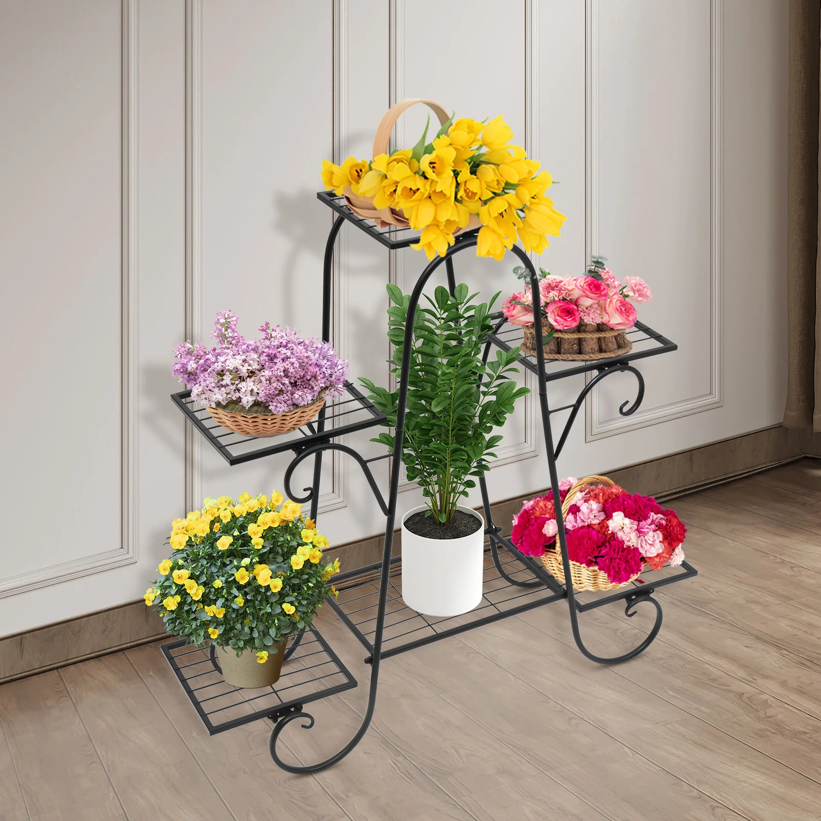 حامل نباتات مربع من الحديد على الطراز الشمالي الحديث، رف طلاء الخبز الأسود مكون من 6 طبقات، حامل لديكور النباتات، أقصى حمولة 10 كجم لكل طبقة #3