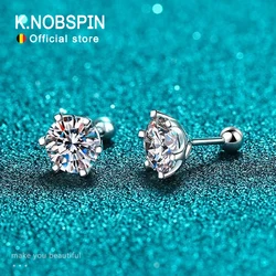 KNOBSPIN Moissanite Stud Earrings 18K White Gold Plated Sterling Silver D VVS1 Round Cut Lab Diamond Screw Ear Studs For Women