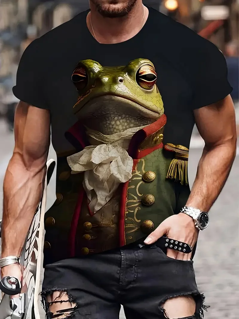 

Funny 3D Frog Drinking Beer Pattern Printed Men's T-shirt Summer Casual Daily Street Short Sleeve T-shirt Extra Large Men's top