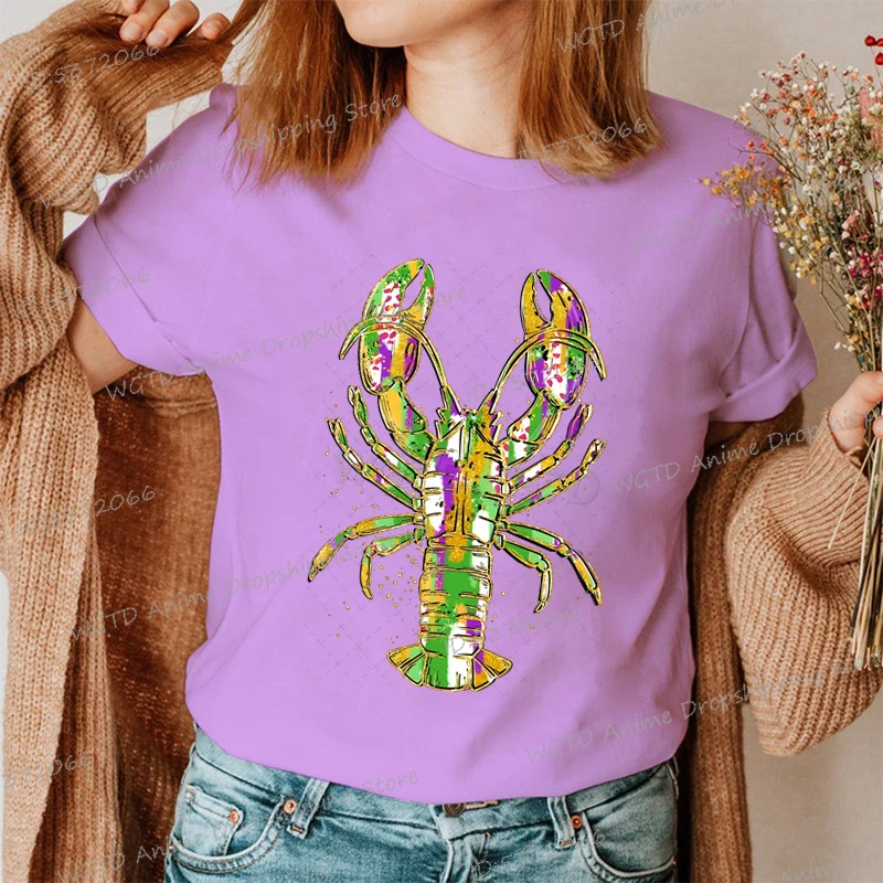 Retro Mardi Gras With Crawfish New Orleans T-Shirt Women Mardi-Gras Crawfish Outfits Graphic Tops Fashion Glitter Female Tshirts