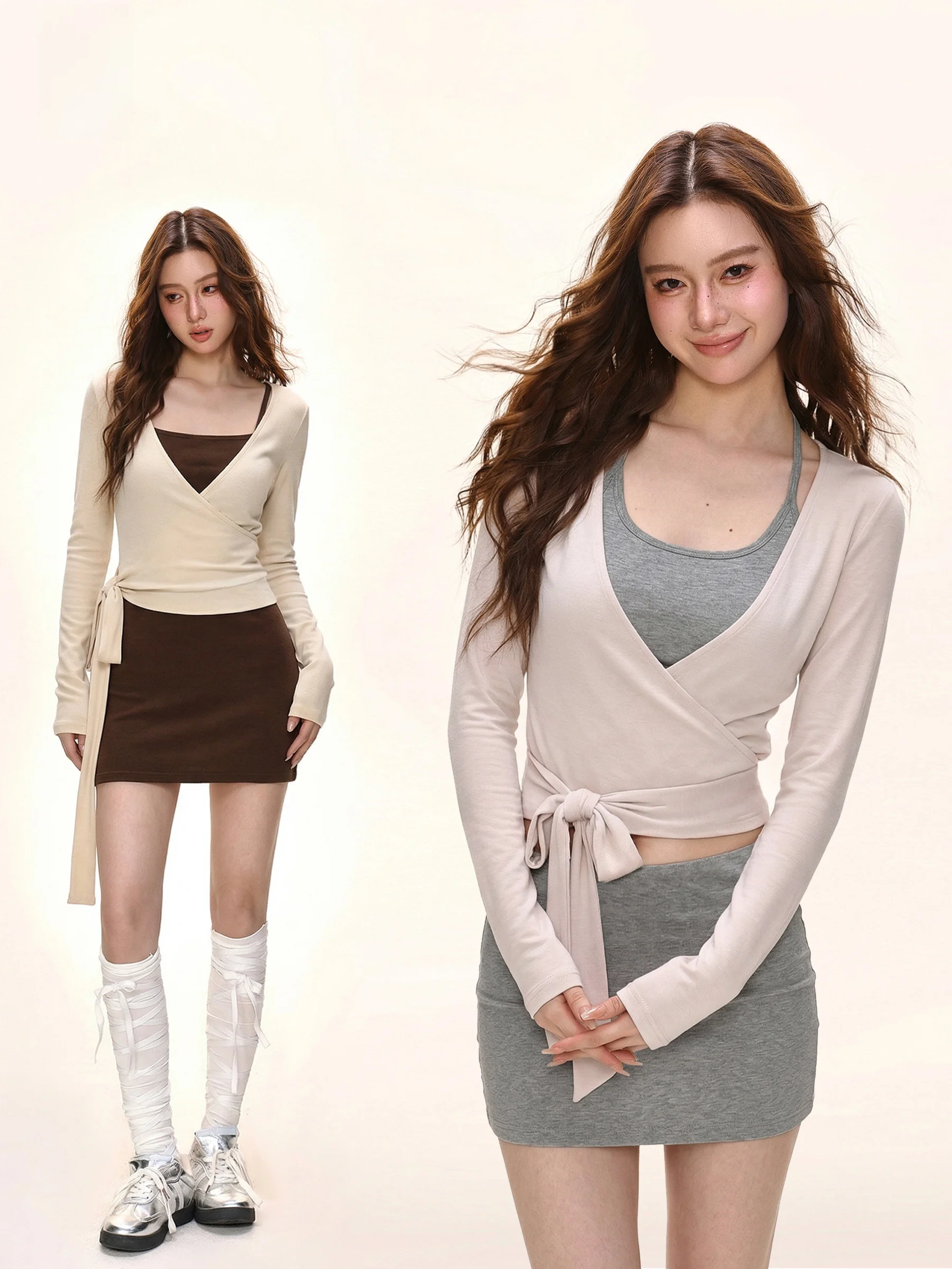 

Spring Casual Three-Piece Set Women's Long Sleeve Hanging Neck Strap Waist Cinched Long Pants Suit Fashionable Casual Outfit