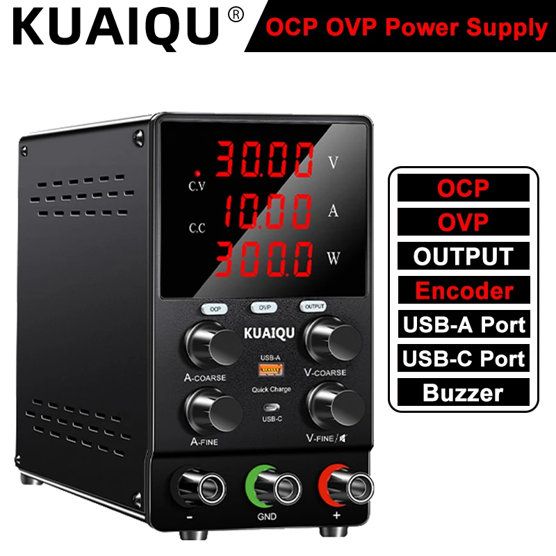 

OCP Lab 30V 10A Bench Power Supply OVP OUTPUT USB-A Quick Charging Type-C Port 12V 5A DC Adjustable Switching Regulated Source