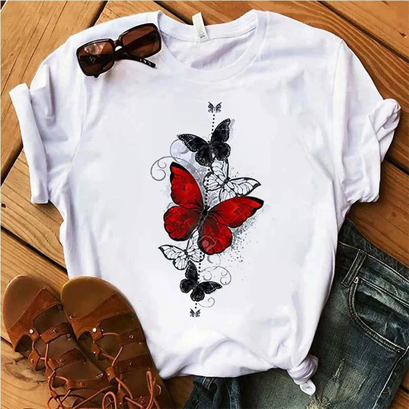 여성용 나비 프린트 하트 모양 티셔츠 반팔 라운드 넥 하라주쿠 미적 탑 캐주얼 패션 의류