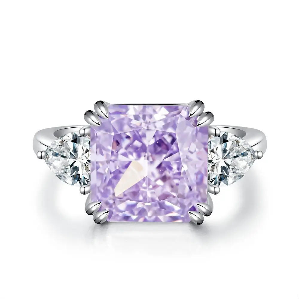 Light Luxury 925 Silver Ring Female Lavender Purple Diamond High Drag Ring High Carbon Diamond Radian Cut Zircon Ring