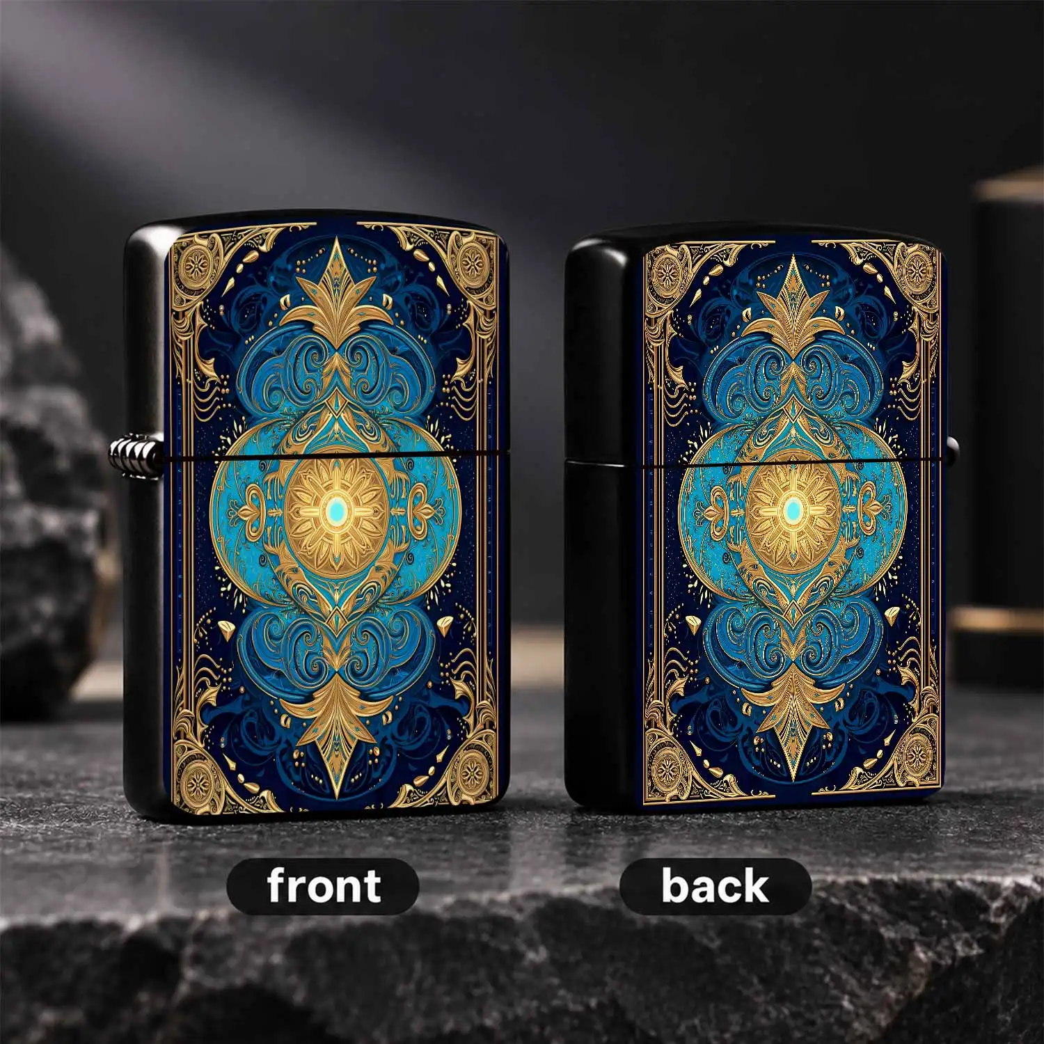 Exquisite Vintage Blue-Gold Art Pattern Lighter, Symmetrical Ornate Decorative Design Portable Ignition Tool, Ideal For Home Candle Lighting, Outdoor Camping, Daily Multi-Scenario Use, Elegant Premium Present For Any Oc A Humorous And Inter