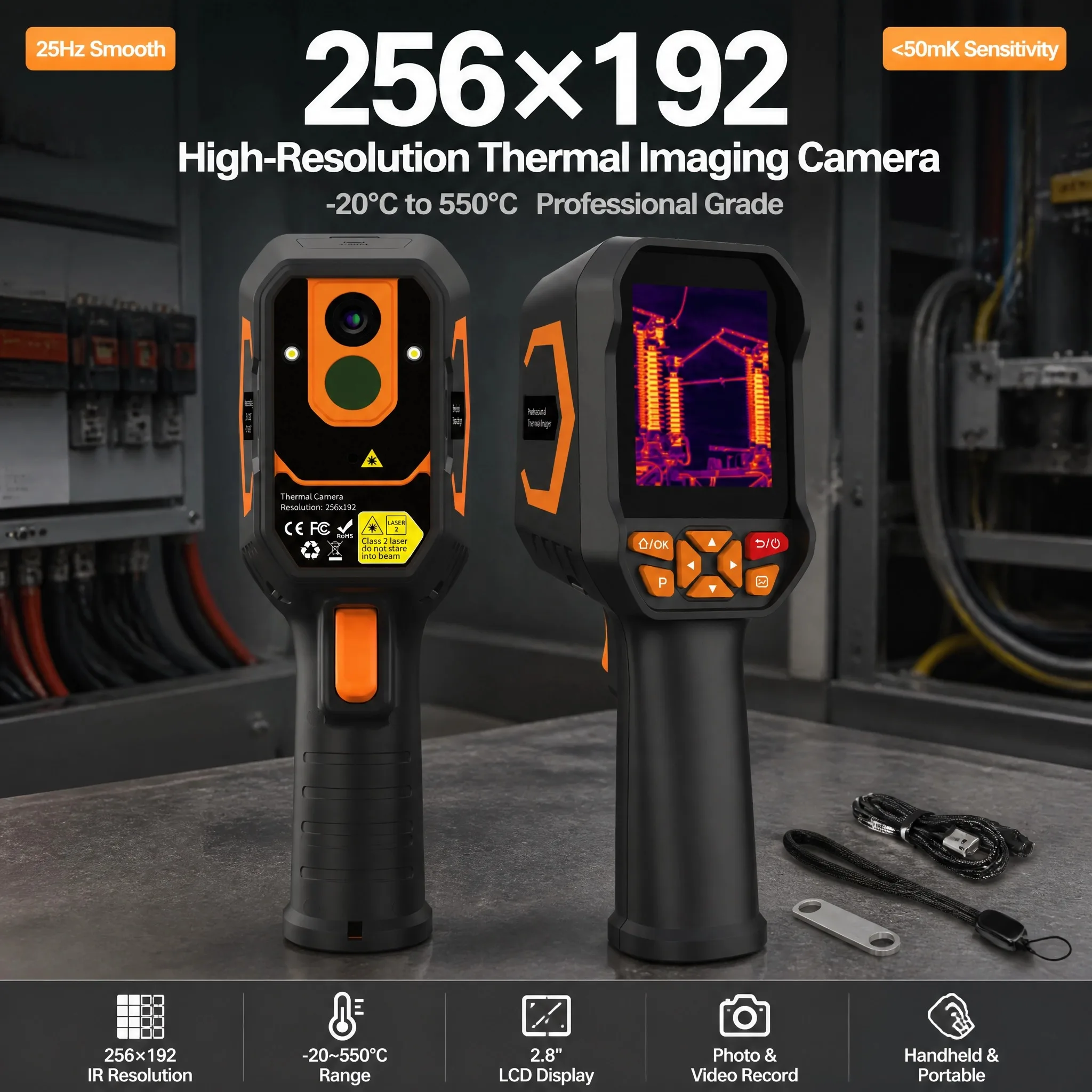 256x192 Handheld Thermal Imager Super Resolution 512x384 -20~550℃ 2.8