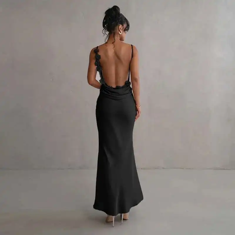 Vestido feminino de cetim com flores, vestido longo de verão com gola única, vestido de festa para boate