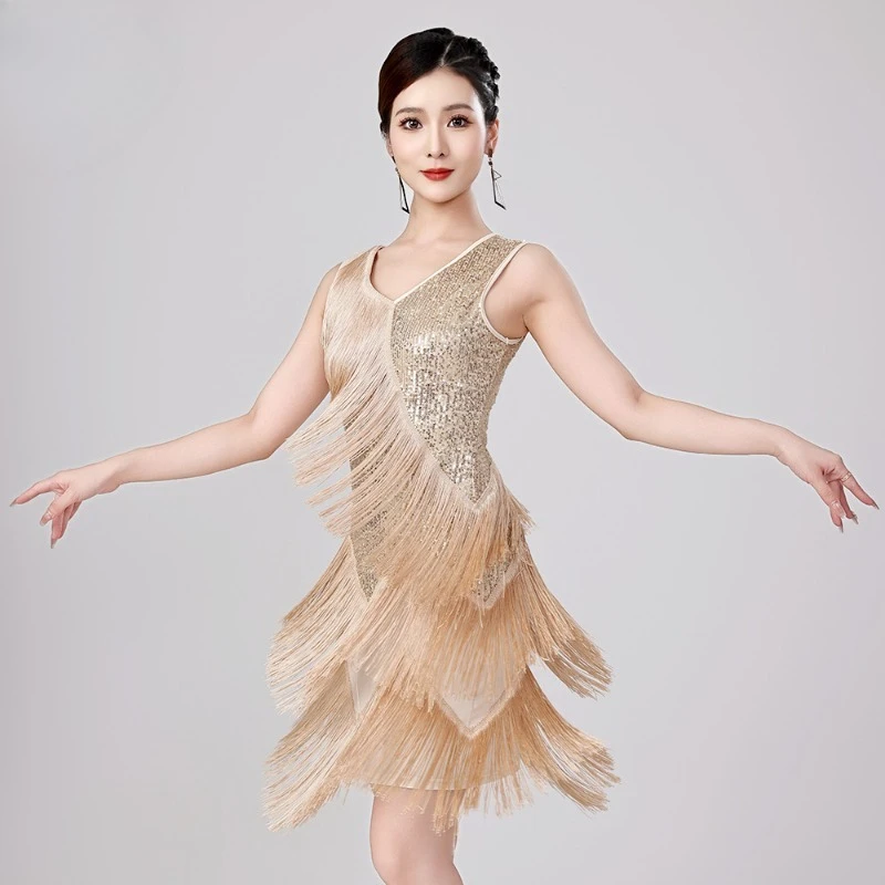 Strój sceniczny z cekinami i frędzlami, sukienka do tańca latynoamerykańskiego, strój na imprezę, konkurs taneczny