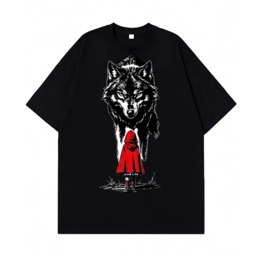 Women Crew Neck Short Sleeve Black T-Shirt, Little Red Riding Hood And Big Wolf Vintage Art Graphic Dark Fairy Tale Casual