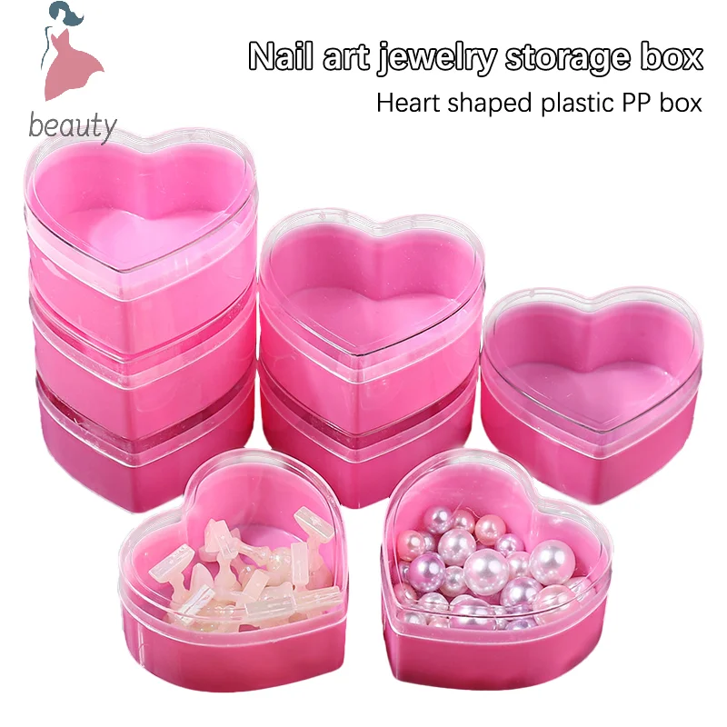 Caja de almacenamiento de joyería de uñas de plástico, estuche de almacenamiento de diamantes de imitación, forma de corazón de amor rosa con cubierta transparente, soporte organizador de Arte de uñas