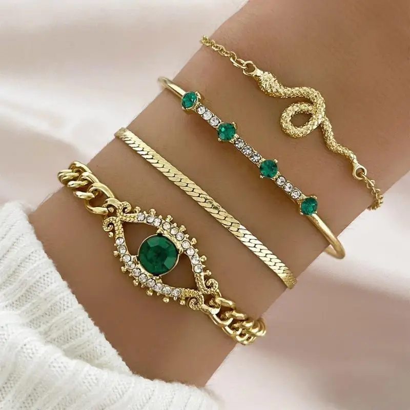 

4pcs Элегантный зеленый цирконный змея узор с открытыми металлическими браслетами манжеты для женщин
