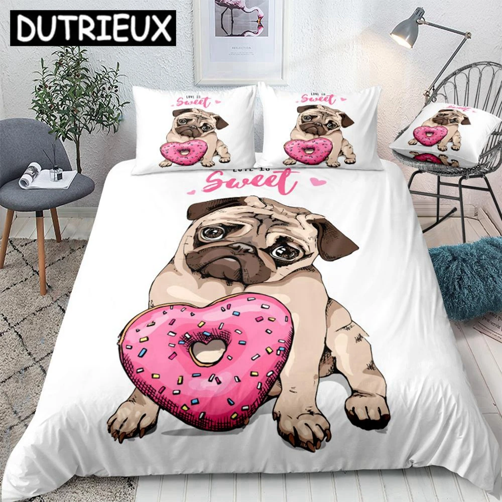 

Pug Bedding Set Cartoon Pet Duvet Cover Set White Quilt Cover For Kids Cute Dog Donuts Bed Set Puppy Cowboy Home Textiles