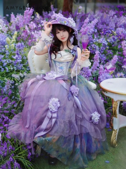 

Lolita Sweet Evening Dresses Vintage Court Style Elegant Three-Dimensional Flower Strapless JSK Slim Mid-Length Princess Dress