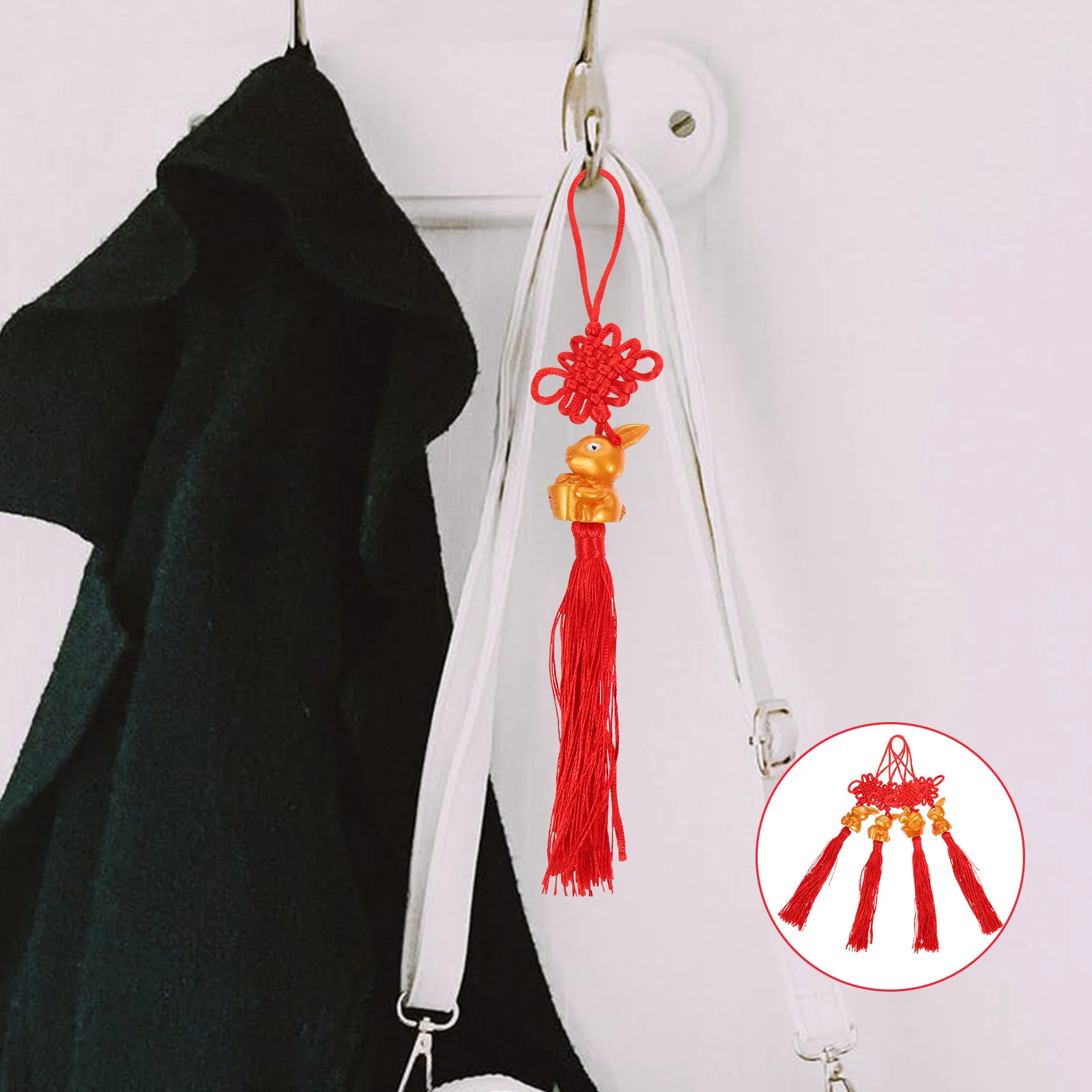 

4Pcs Chinese Knot Rabbit Pendant Red Tassel Hanging Decor for Chinese New Year Festival Home Car Wall Interior Decoration