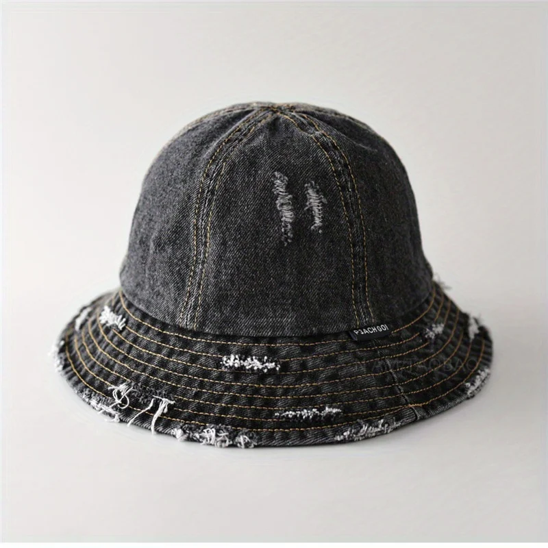 

Spring Ripped Denim Fisherman Hat Men's and Women's Fashion No Makeup Commuting Face Covering Sunshade Basin Hat Trendy