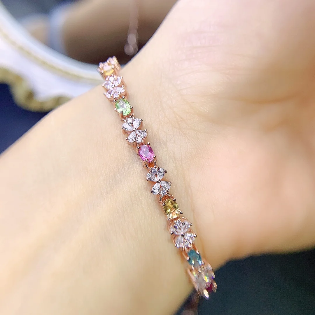 Natural Tourmaline Bracelet, 925 Silver Certified, 3x4mm Colorful Gems, beautiful gift for girls, free shipping