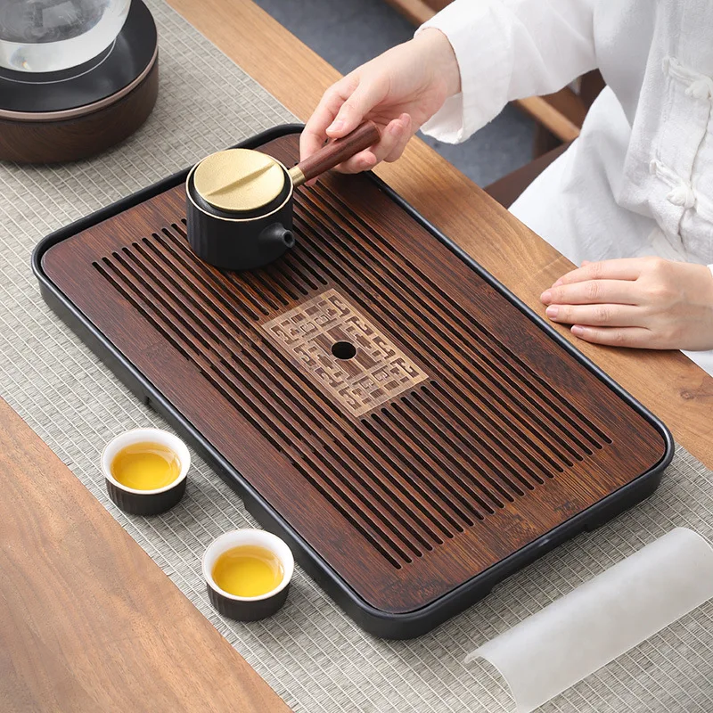 

Style Black Bamboo Tray for Tea Tray Office Small-scale Bamboo Japanese Drainage Gongfu Tea Set Board Rectangular Puer Supplies