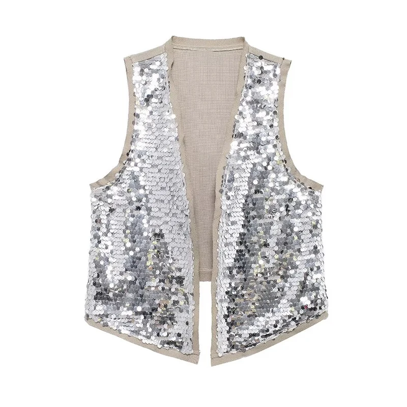 SIYANG Women Fashion Chic Front Sequined Vests Female Open Stitch Waistcoats Ladies Elegant Sleeveless Tops