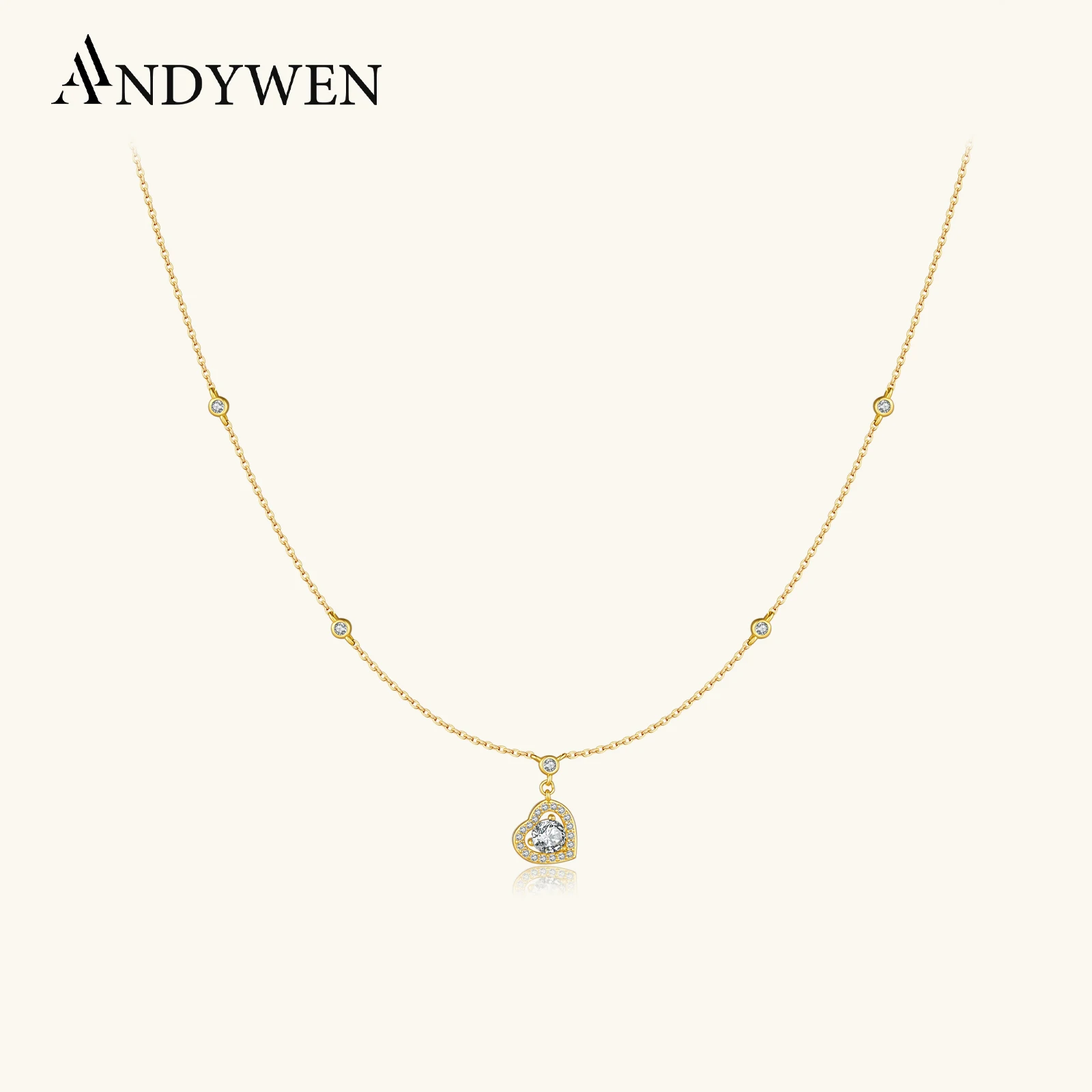 ANDYWEN S925 Sterling Silver Gold Joy Heart-cut Necklace For Women Round CZ Zircon 2026 Romantic Love Luxury Fine Jewelry Gift