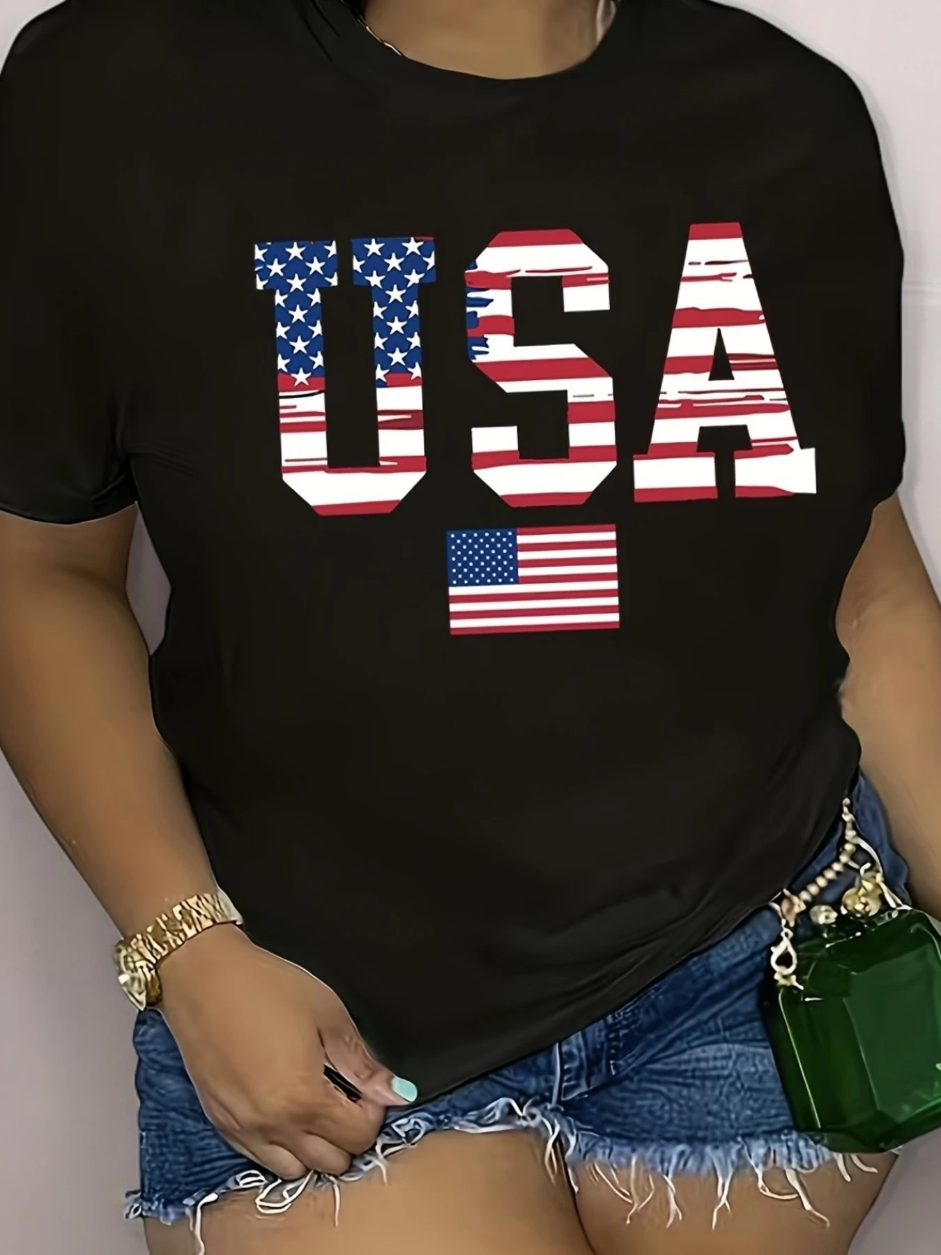 

USA Flag Print Short Sleeve Round Neck T-Shirt, Sexy Polyester Knit Top, Machine Washable