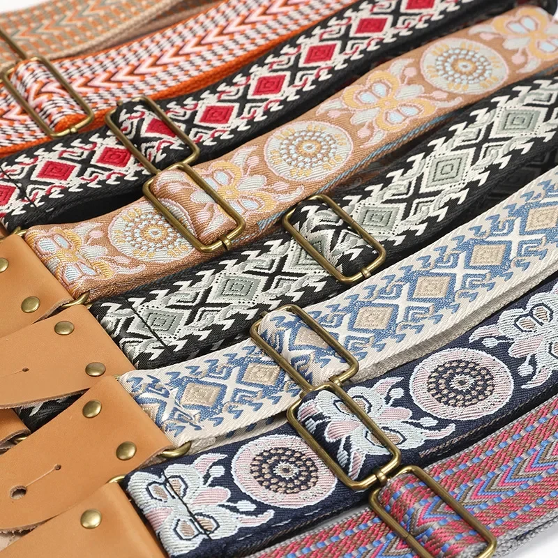 

Регулируемый жаккардовый ремень для гитары с вышивкой, хлопковый пояс с отделкой из воловьей кожи для бас-гитары и акустических инструментов
