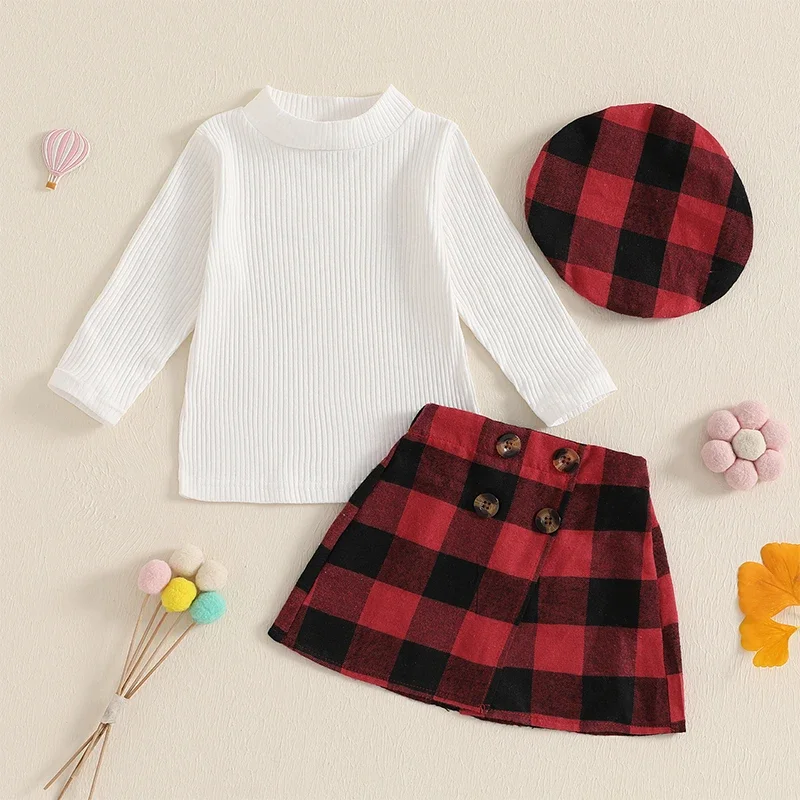 Baby Clothing Girl Solid Ribbed Mock Neck Long Sleeve Tops Plaid Skirt Beret Hat Autumn Outfits clothes Set