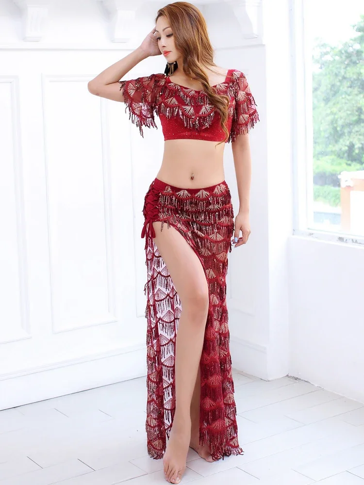 New Belly Dance Suit Women's Oriental Dance Sequined Sexy Watch Performance Dress Long Skirt Practice Clothes