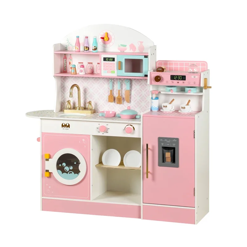 New style role play wooden pink coffee machine refrigerator combination kitchen set interactive cooking toys for girl and boy