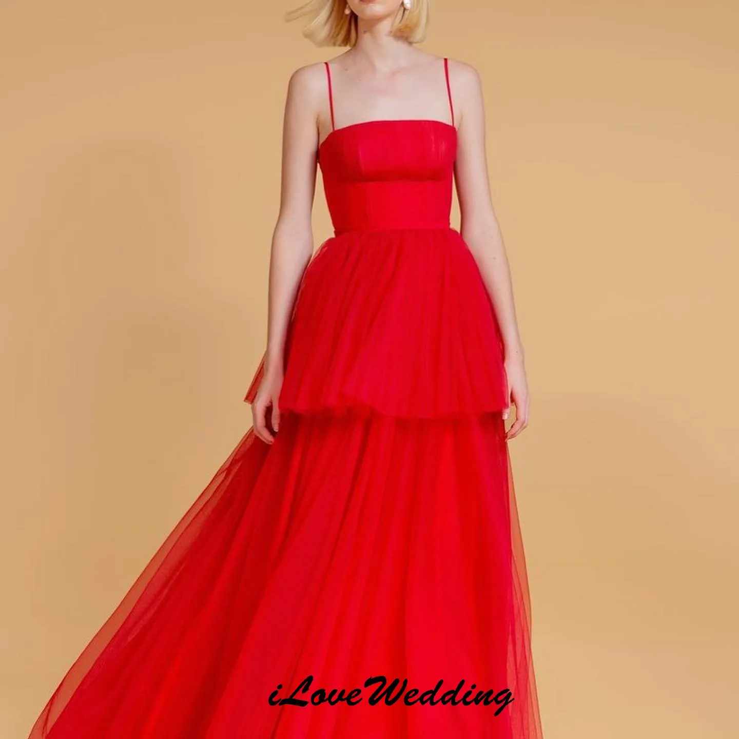 Red Spaghetti Strap Prom Dresses 2025 Elegant Party Dress For Woman Tulle Tiered A-Line Evening Dresses Gala Backless Customized