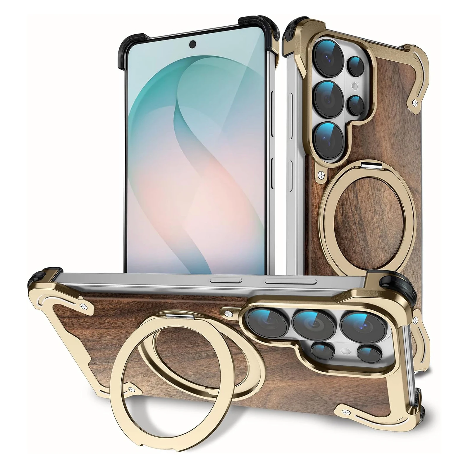 For Samsung Galaxy S26 Ultra Magnetic Case Ultra-Thin Metal Wooden Frameless Swivel Ring Stand Cover