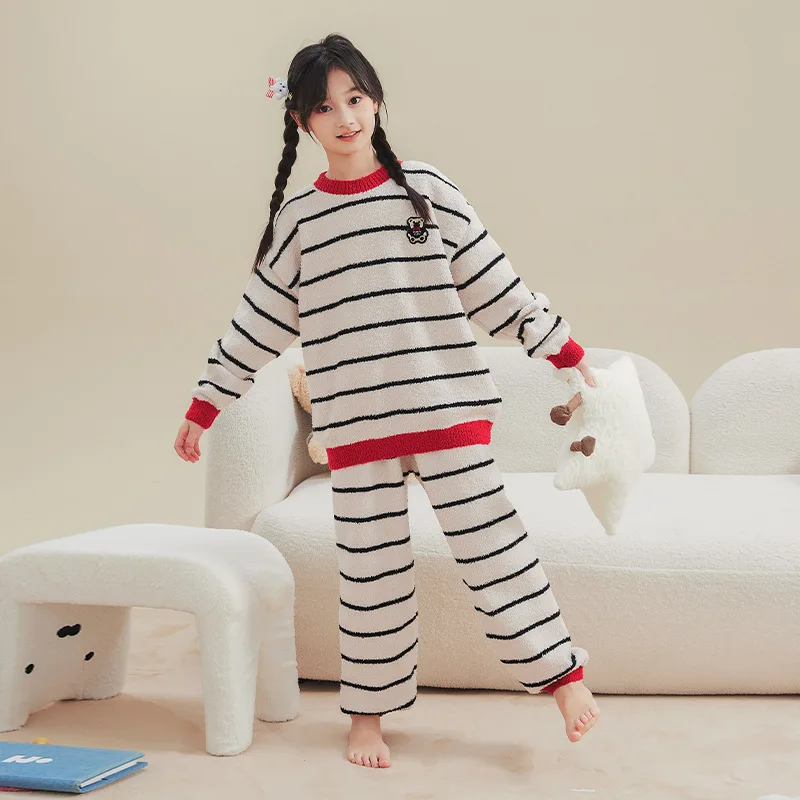 Winter Children Girl Pajamas Clothing Set Junior Girl Plus Velvet Stripes Pullovers+Thick Pants Girls Sleeping Clothing Sets